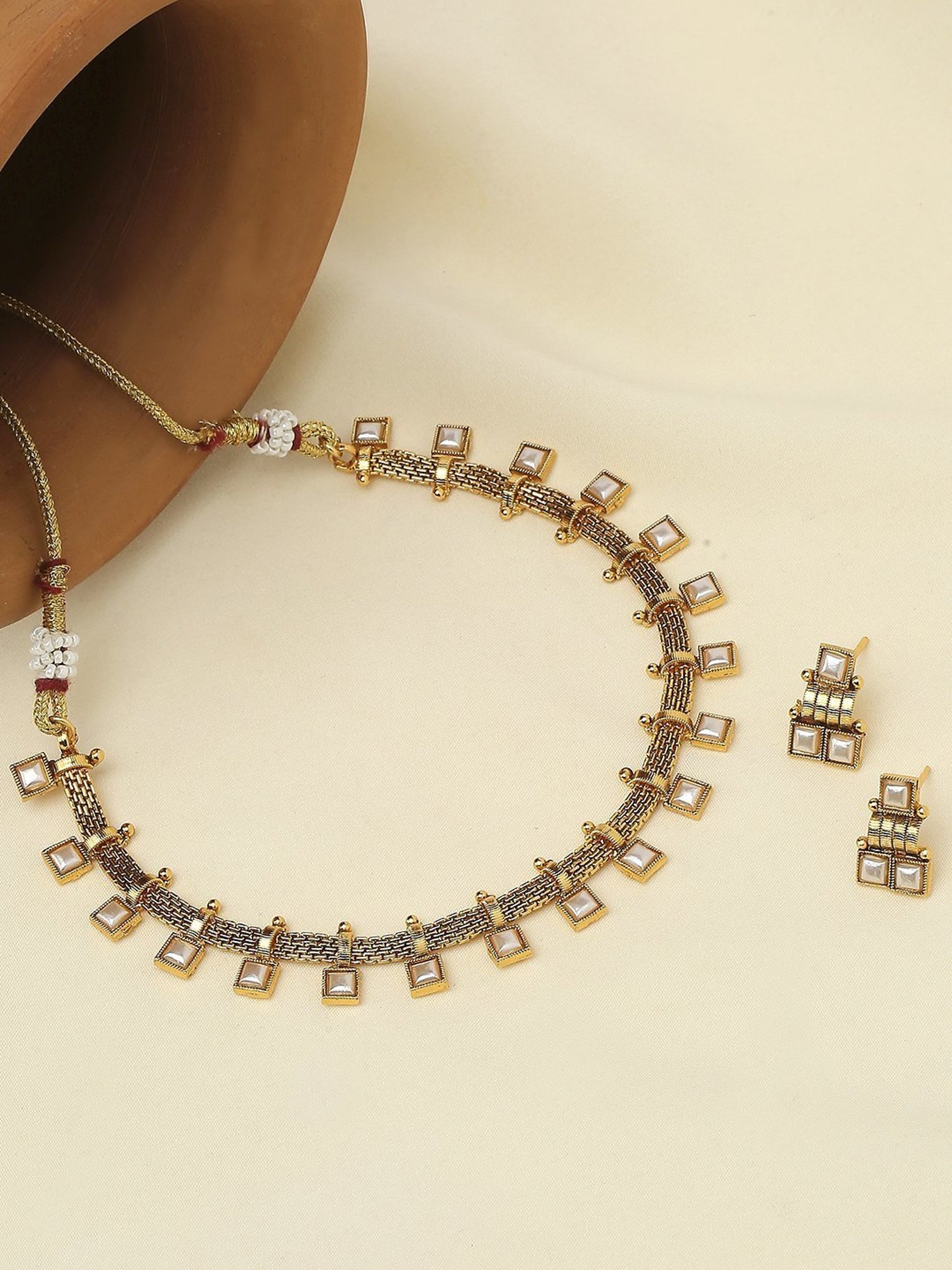 OOMPH Gold Tone Delicate Ethnic Choker Necklace Set with Small Earrings
