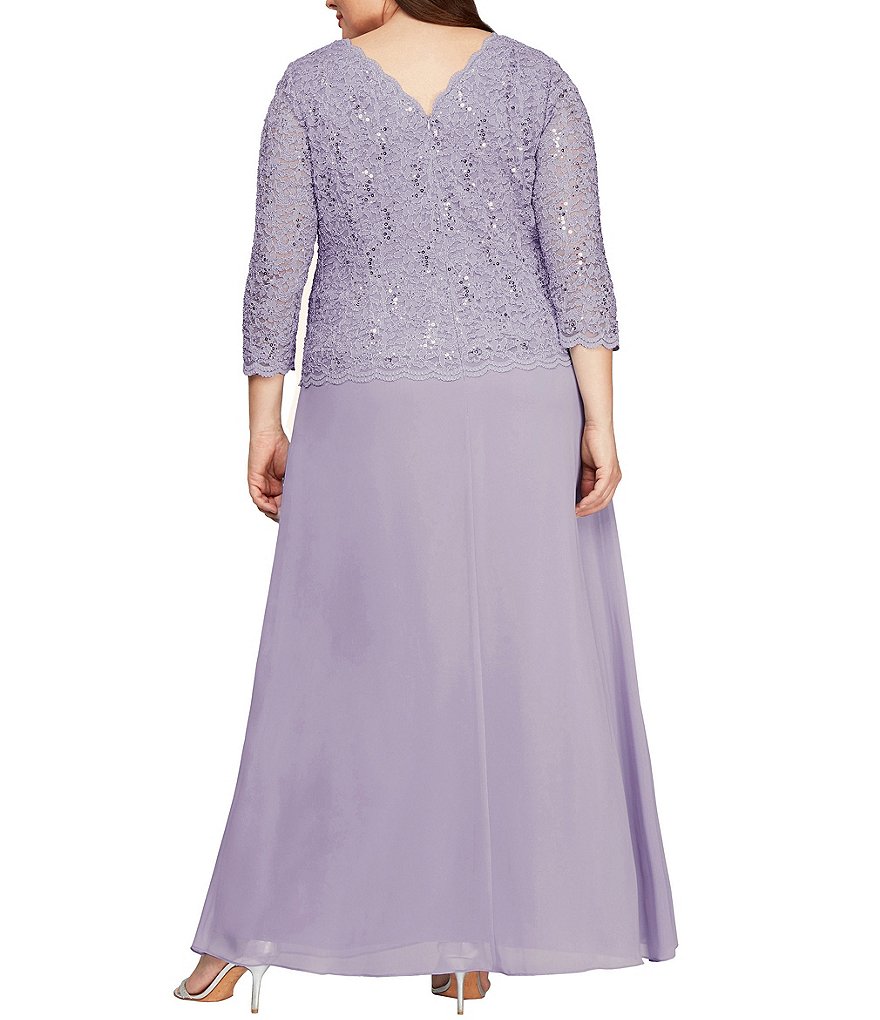 Alex Evenings Plus Size Boat Neck 3/4 Sleeve Sequin Lace Scalloped Hem Bodice Chiffon Skirted Dress