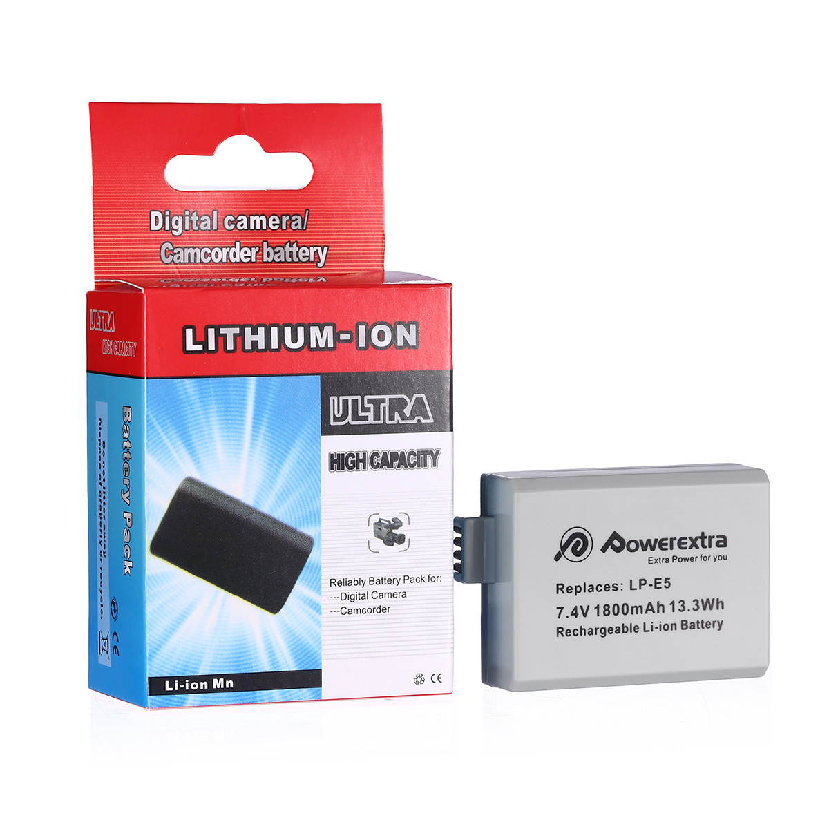 Powerextra 2 Pack 1800mAh 7.4v LP-E5 LPE5 Replacement Battery For Canon Rebel Xs Xsi T1i 450D 1000D Digital Camera