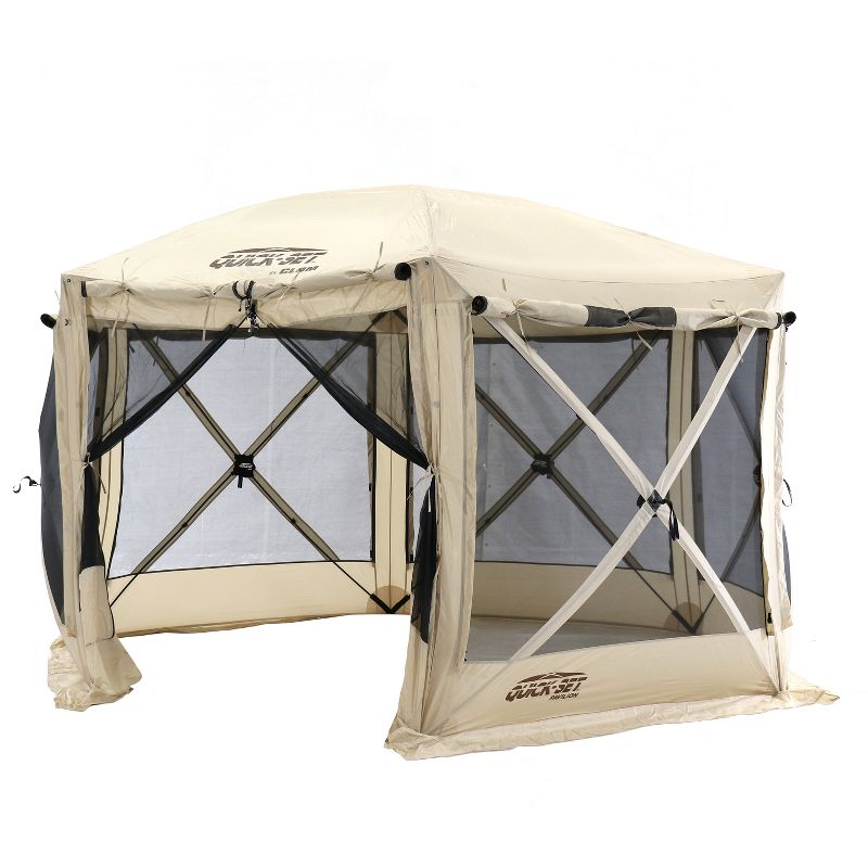 CLAM Quick-Set Pavilion 12.5 x 12.5 Foot Portable Pop-Up Outdoor Camping Gazebo Screen Tent 6 Sided Canopy Shelter with Ground Stakes & Carry Bag, Tan