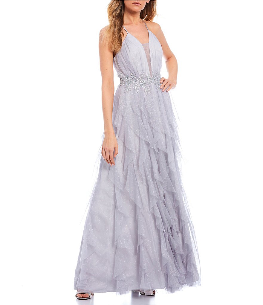 Teeze Me Spaghetti Strap Plunged-Neck Lace-Up Back Embroidered-Waist Mesh Corkscrew Dress