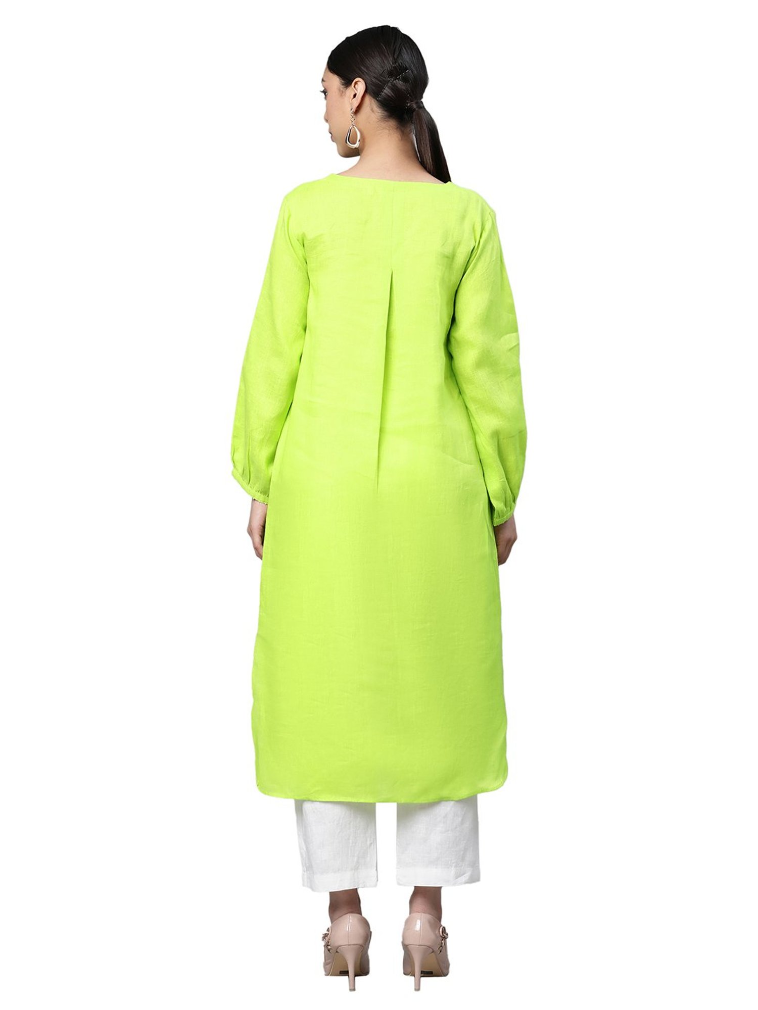 Linen Club Woman Lime Green Straight Kurta