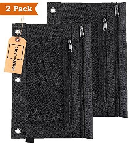 1InTheOffice Pencil Pouch 3 Ring, Black, "2 Pack" (Canvas Black)