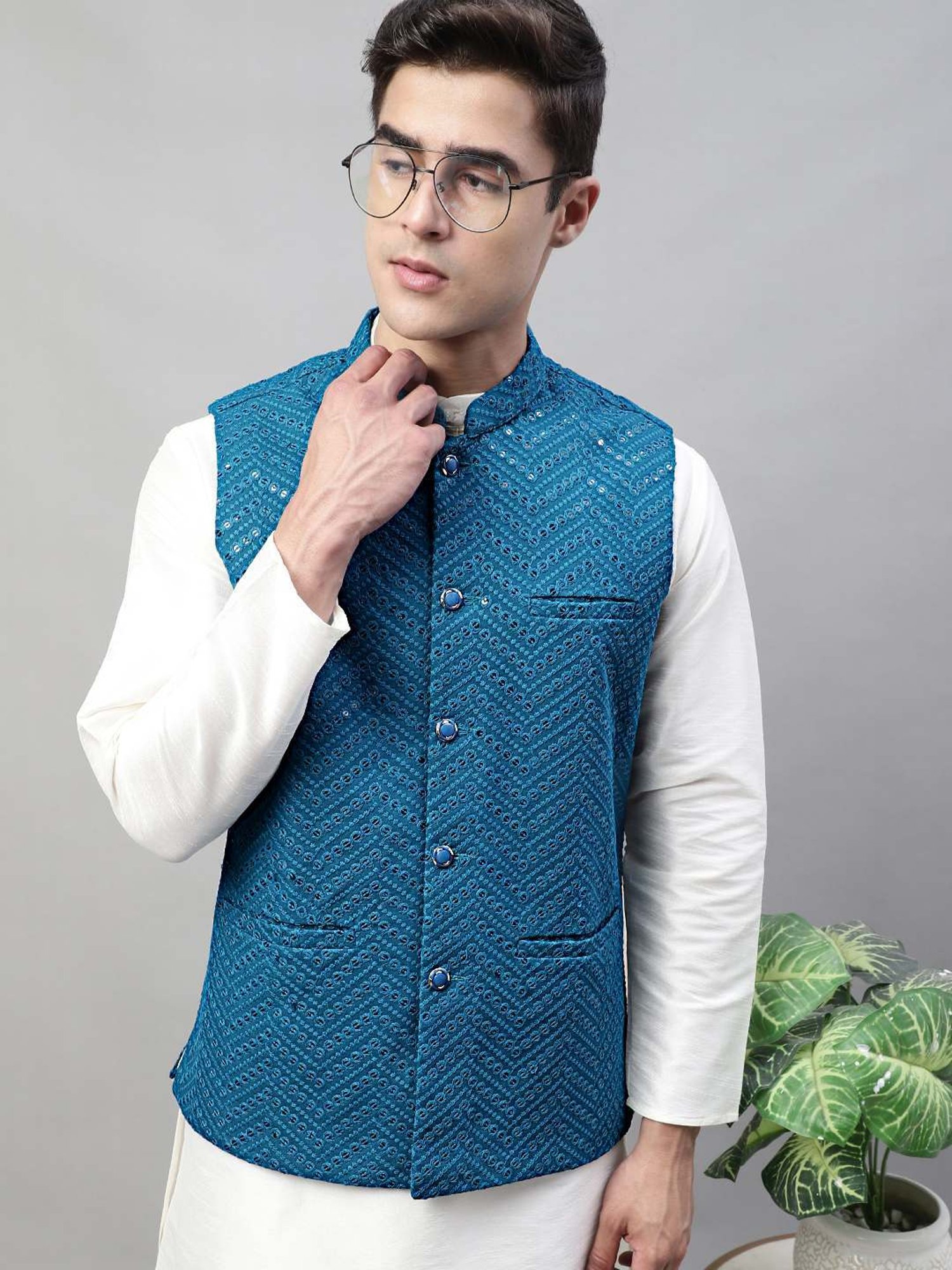 Jompers Peacock Blue Regular Fit Embroidered Nehru Jacket