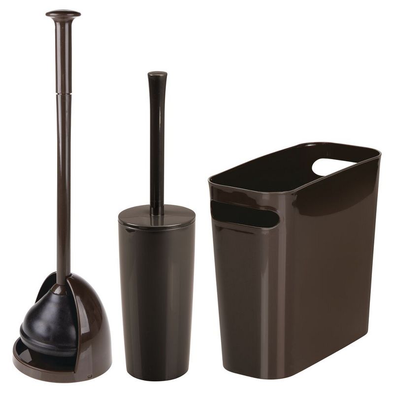 mDesign 3 Piece Plastic Bathroom Plunger, Bowl Brush, Trash Can Set - Dark Brown