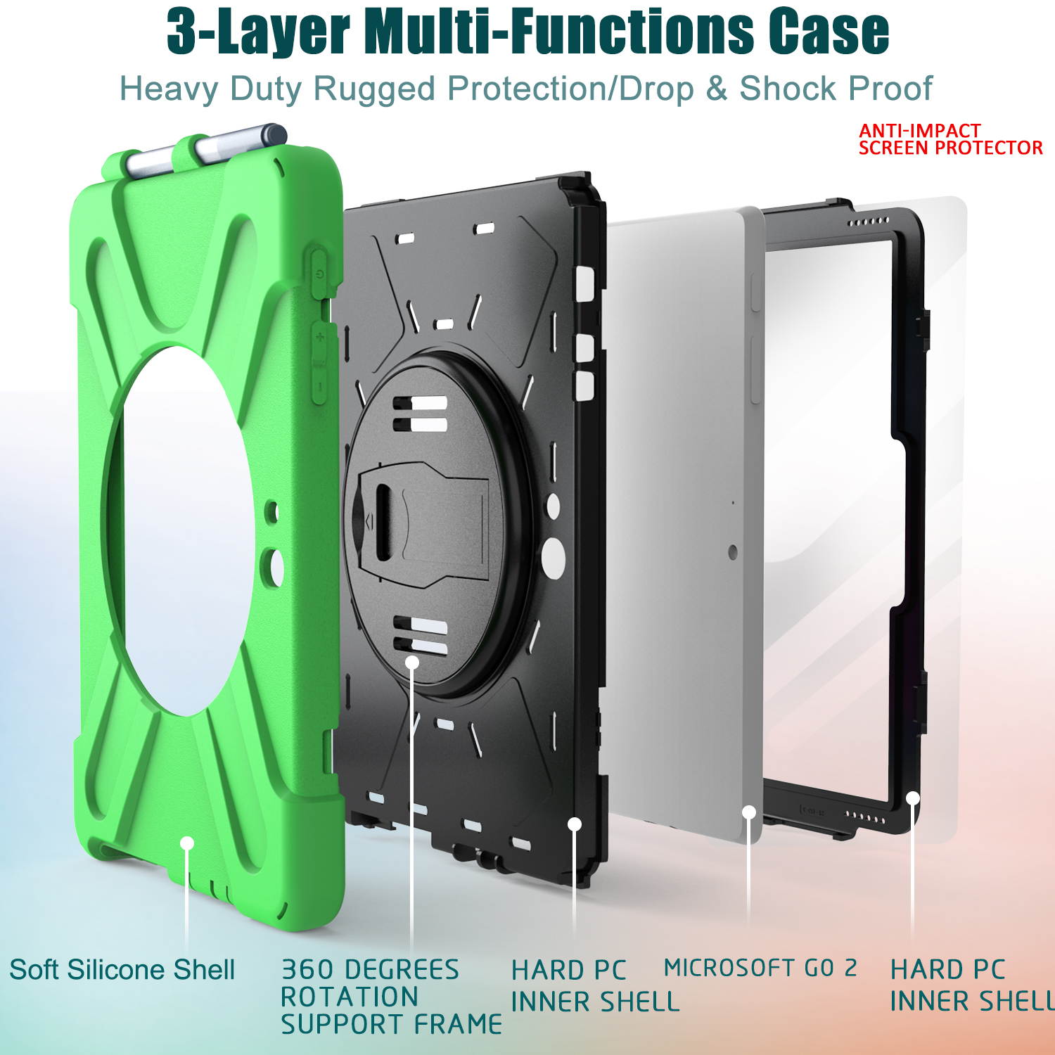 Case for Microsoft Surface Go 2 10.5 inch 2020 / Surface Go 10 inch 2018 with with Pen Holder, Hand Strap & Shoulder Strap Shockproof Protective Stand Cover