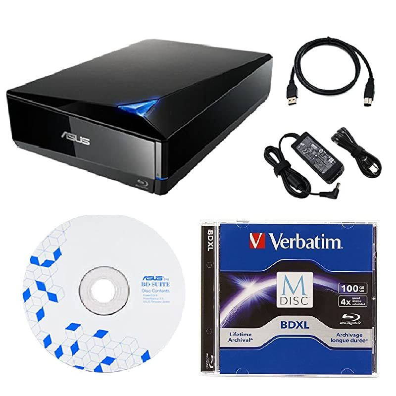 16x External Blu-ray Drive with BD Suite Disc, USB 3.0 Cable, Power Adapter and Cord (BW-16D1X-U) Bundle with 100GB Verbatim M-DISC BDXL
