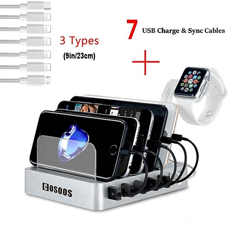 USB Charging Station, Charger Station with 5 Phone Cable,1 Type-C,1 Micro Cable,6-Port Charging Station for Multiple Devices(Silver White)