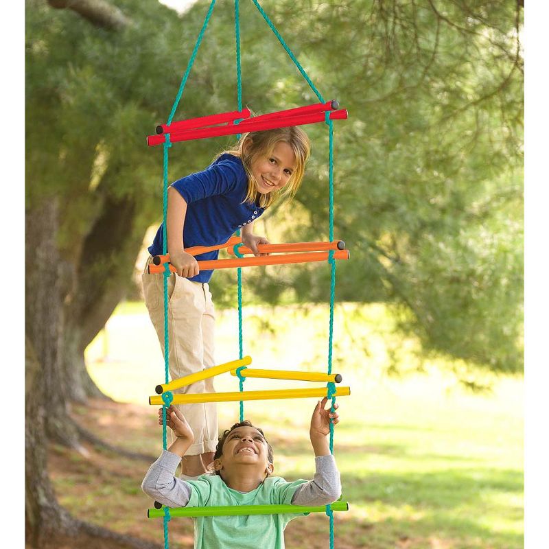 HearthSong Rainbow Triangle Weather-Resistant Kids' Rope Climbing Ladder with Colorful Metal Rungs and Nylon Rope