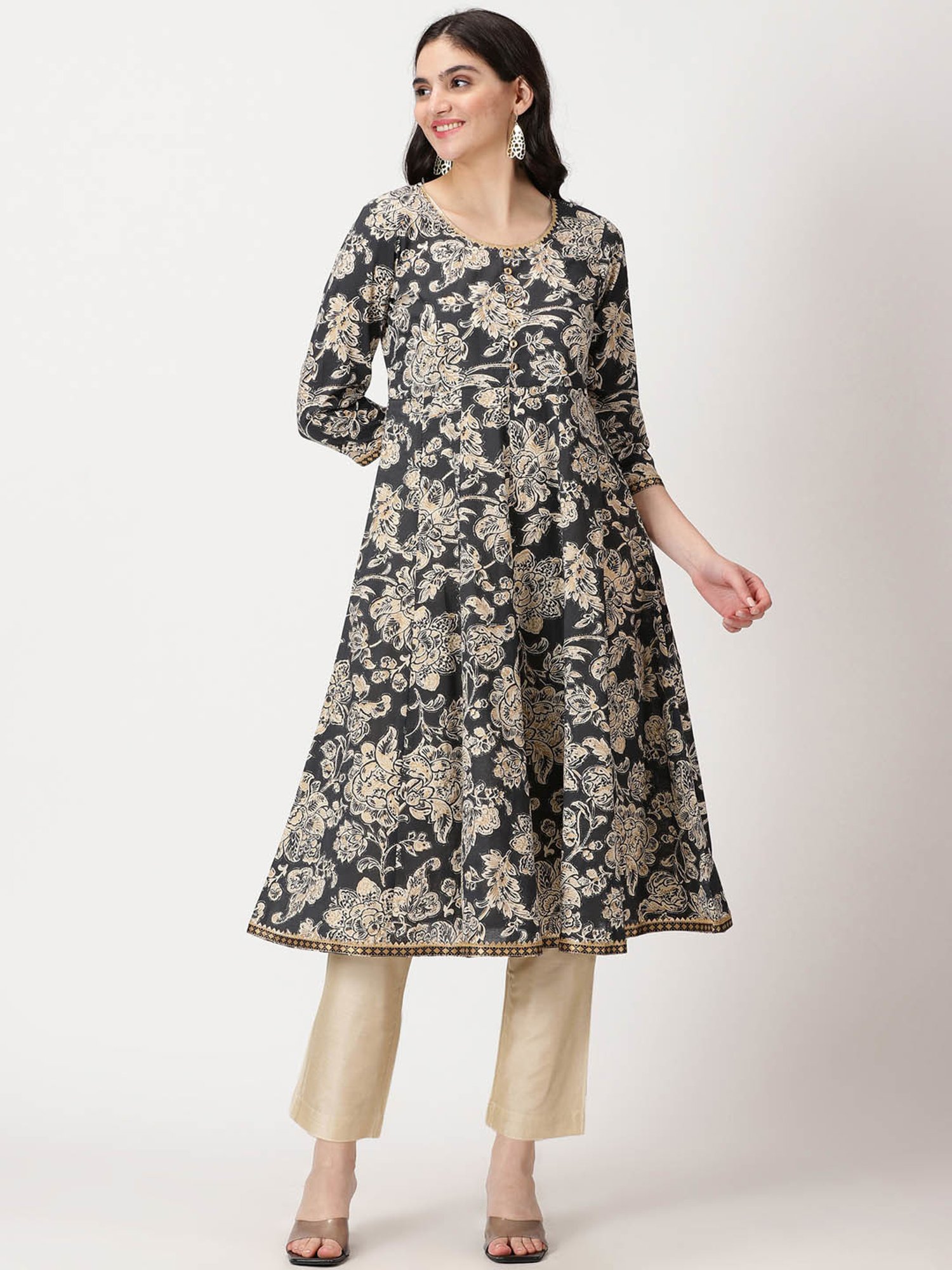 Saffron Threads Black Cotton Floral Anarkali Kurta