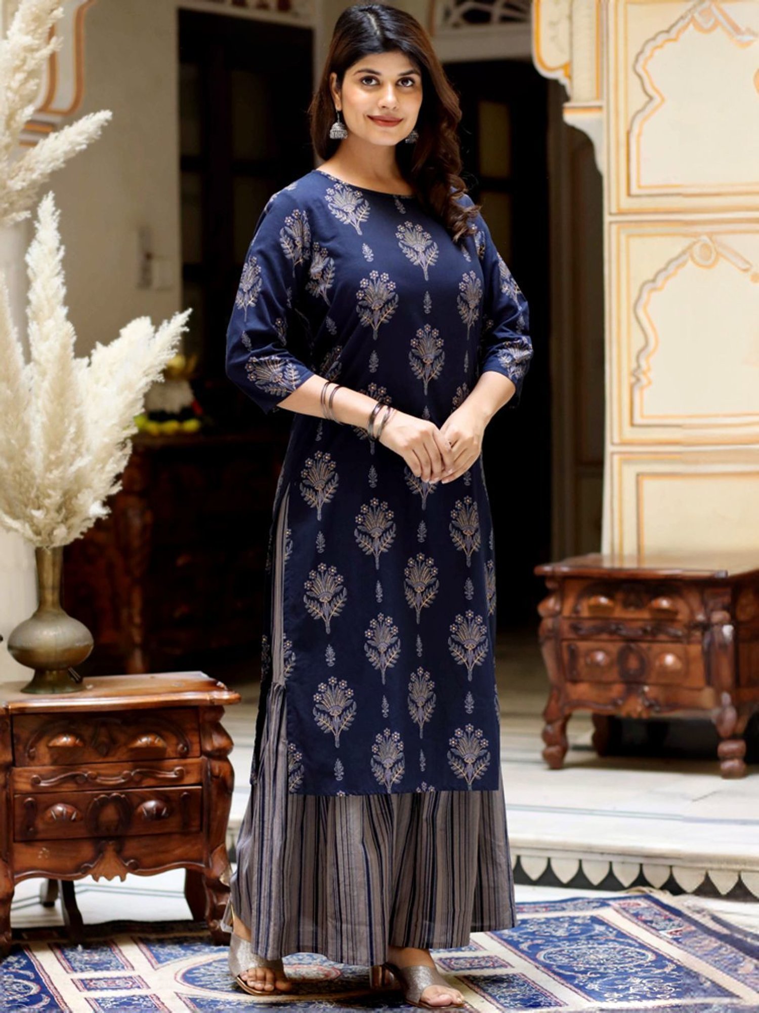 Miravan Blue Cotton Floral Print Kurta Sharara Set