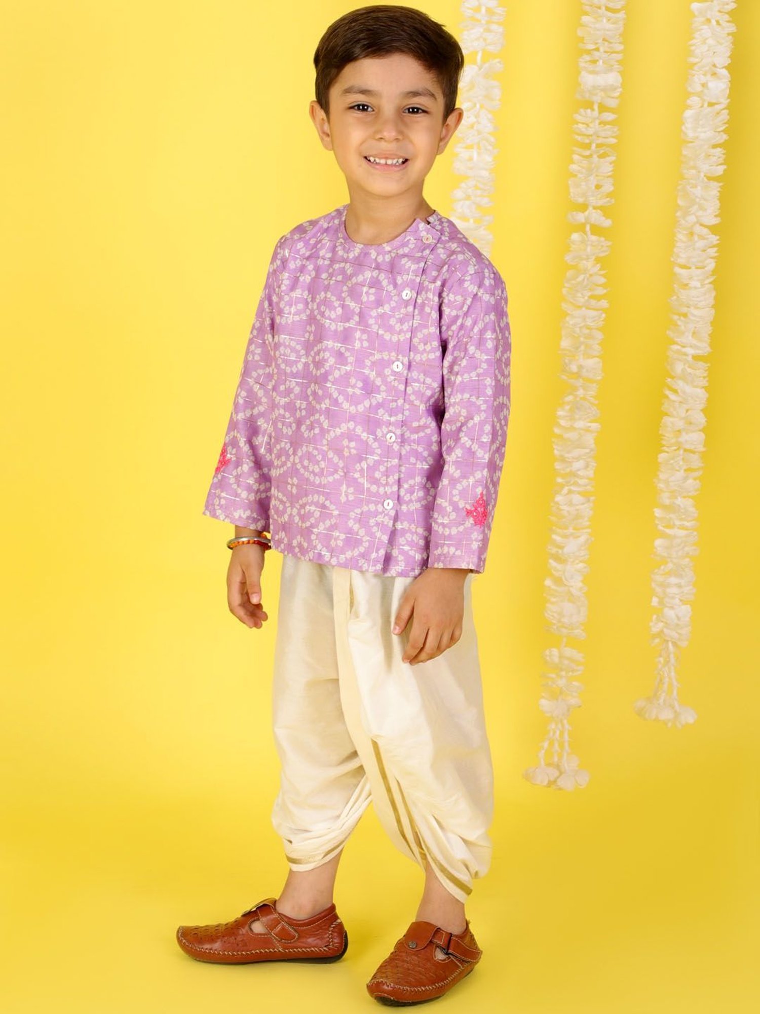 Lil Drama Kids Purple with White Printed Full Sleeves Kurta with Dhoti