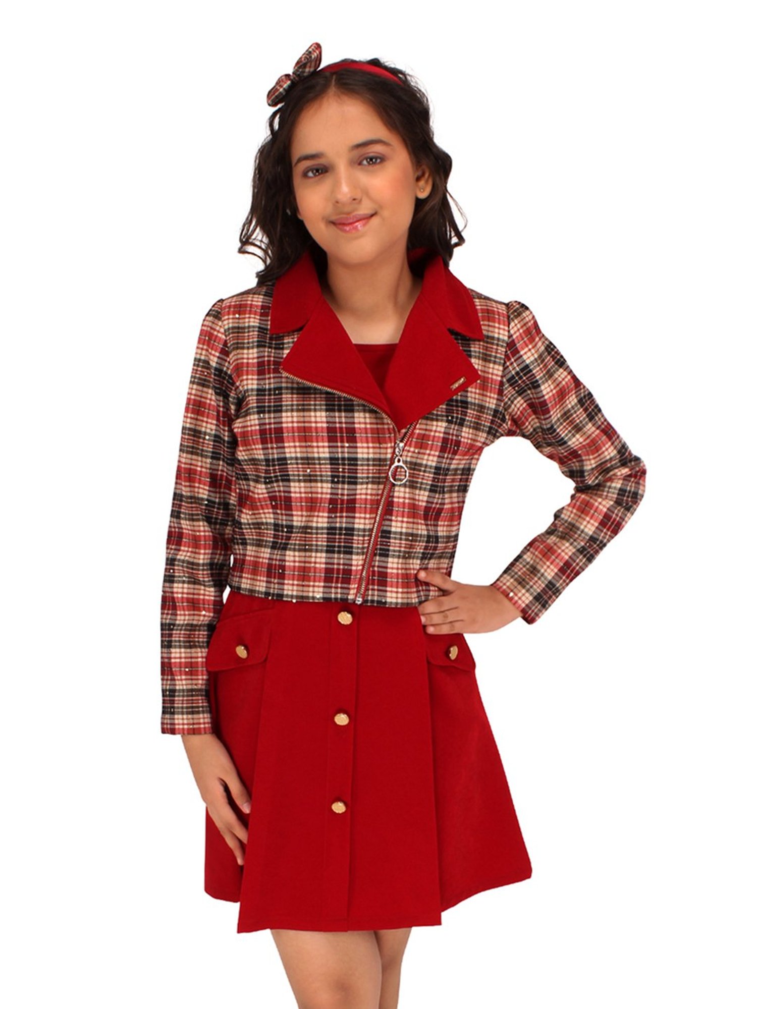 Cutecumber Kids Maroon Checks Full Sleeves Dress with Shrug
