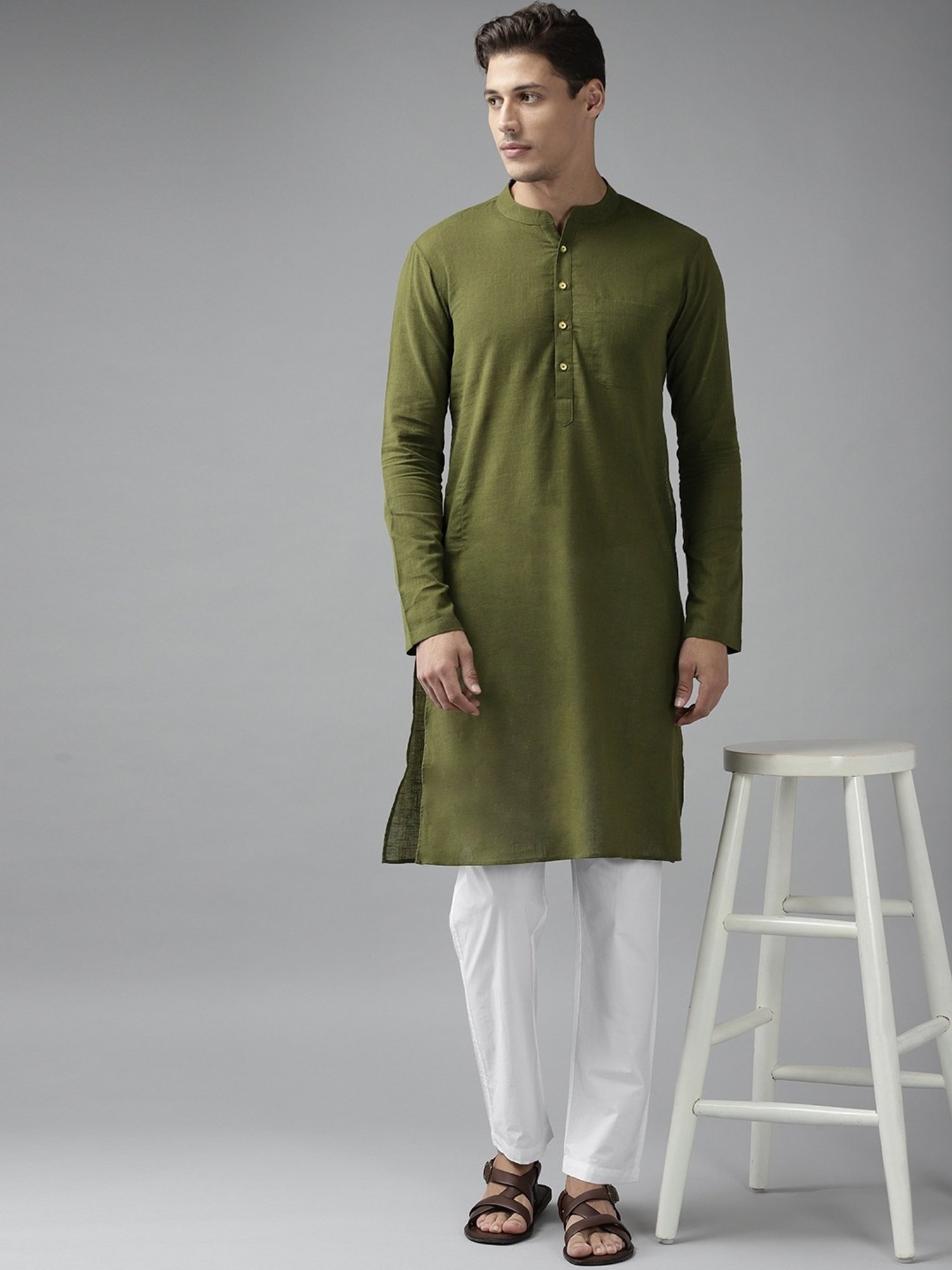 See Designs Olive Green & White Cotton Regular Fit Kurta Bottom Set
