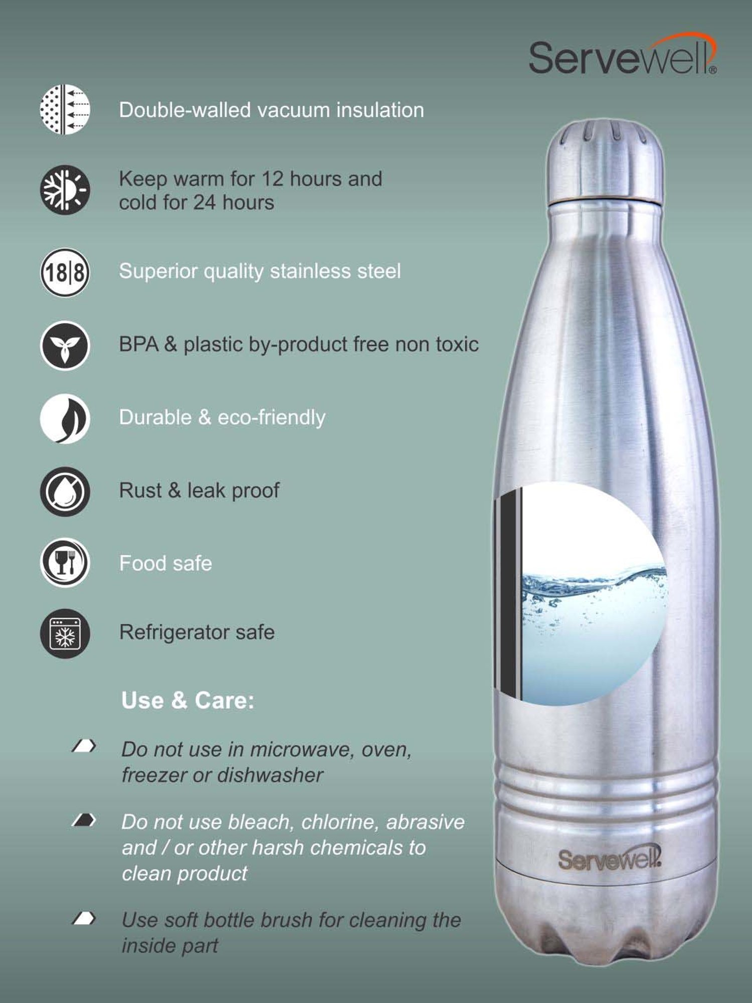 Servewell Silver Steel Indus Vacuum Bottle (1 L)