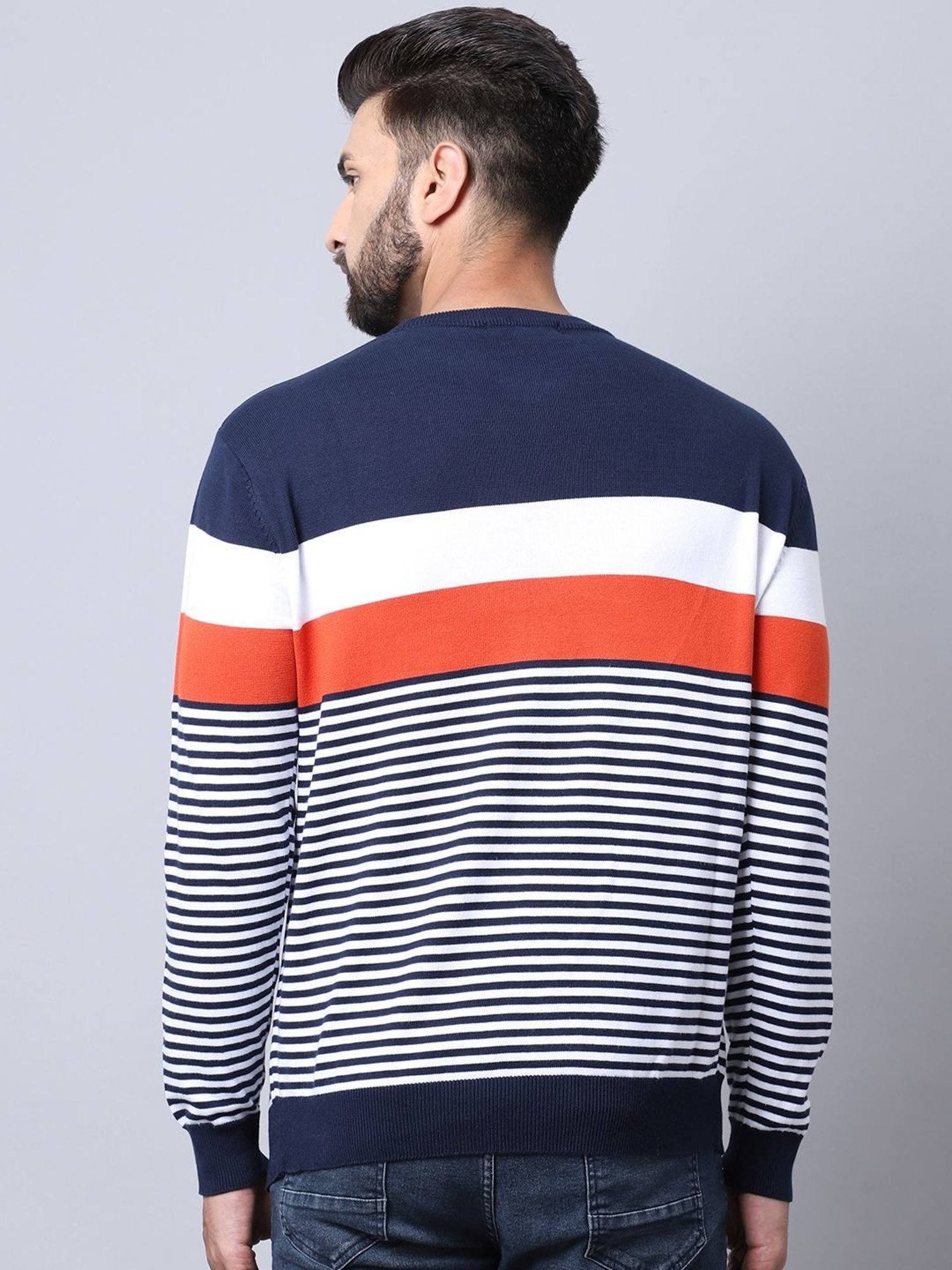 Cantabil Navy Blue Regular Fit Striped Sweater