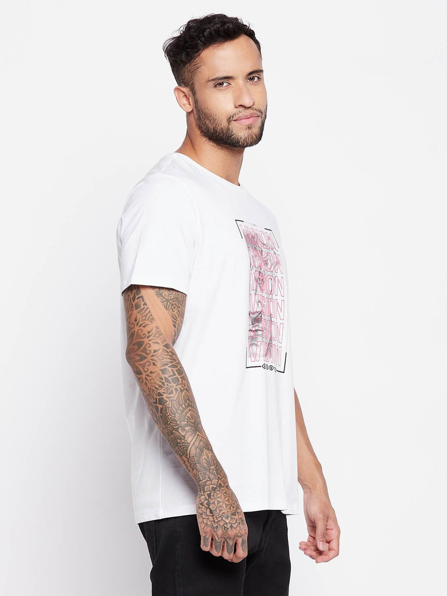 EDRIO White Regular Fit Printed T-Shirt