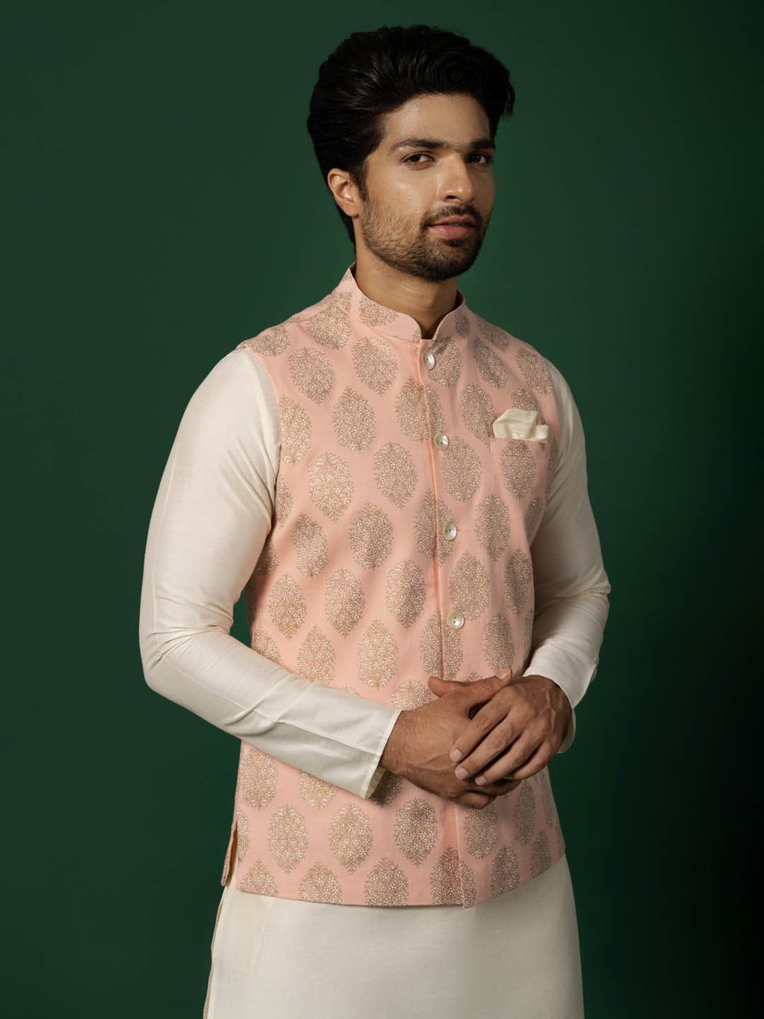 KISAH Peach Cotton Regular Fit Printed Nehru Jacket