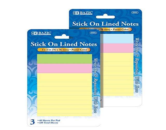 Bazic 5101-24 40 Ct. 3 in. x 3 in. Lined Stick on Notes- Pack of 24