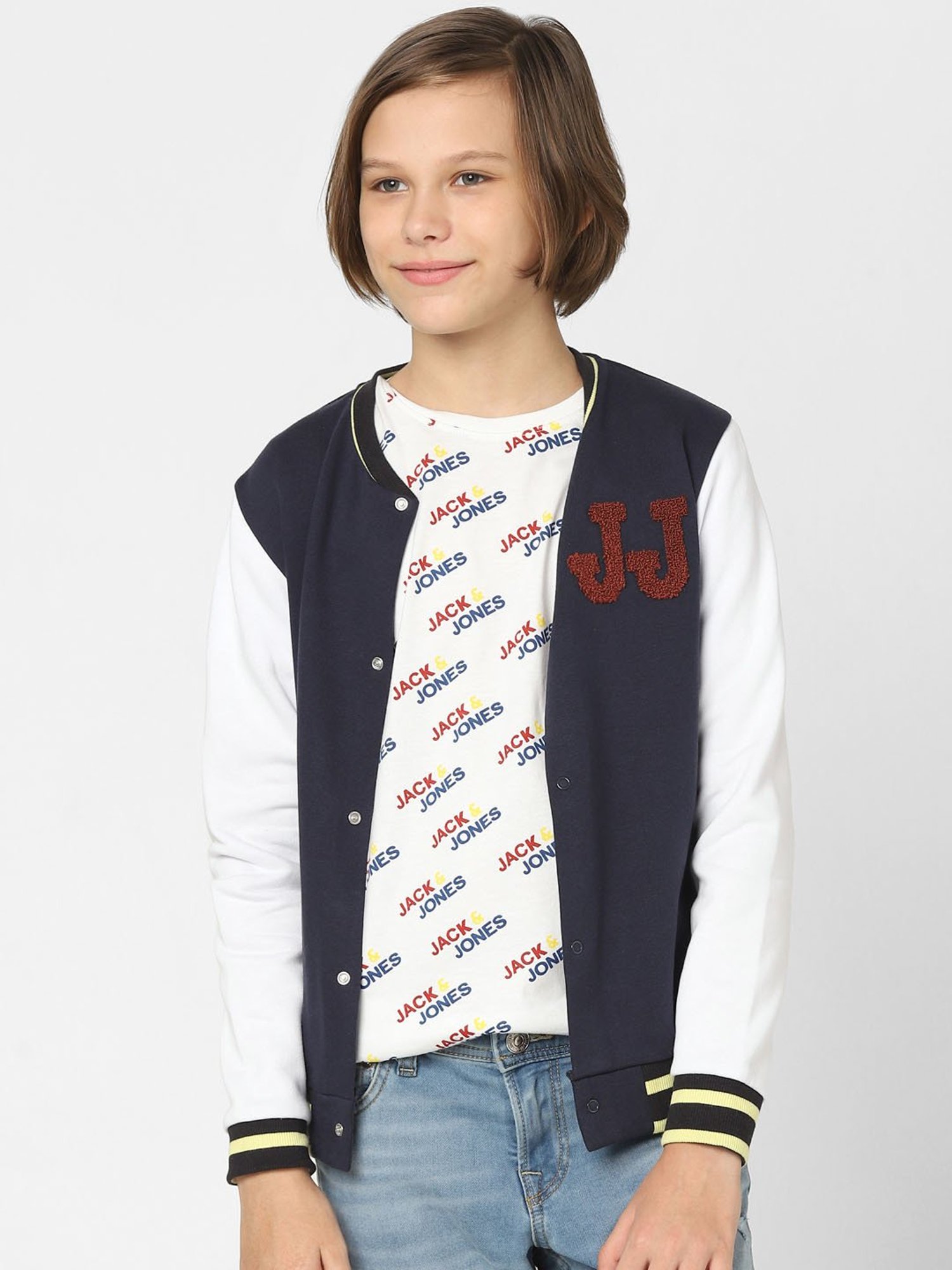 Jack & Jones Junior Navy & White Printed Full Sleeves Jacket