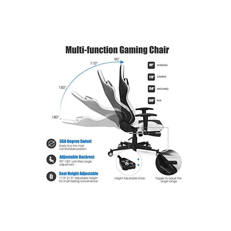 Massage Gaming Chair, Adjustable High Back with Health Massager Lumbar Support, Thick Memory Sponge with 360 Degree Revolving Chair Seat, Retractable Foot Shelf (White)