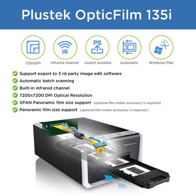Plustek OpticFilm 135i - Automatic Film & Slide Scanner, Batch converts 35mm Slides & Film Negatives, Support 3rd Party Editing Software Export, Support Win & Mac