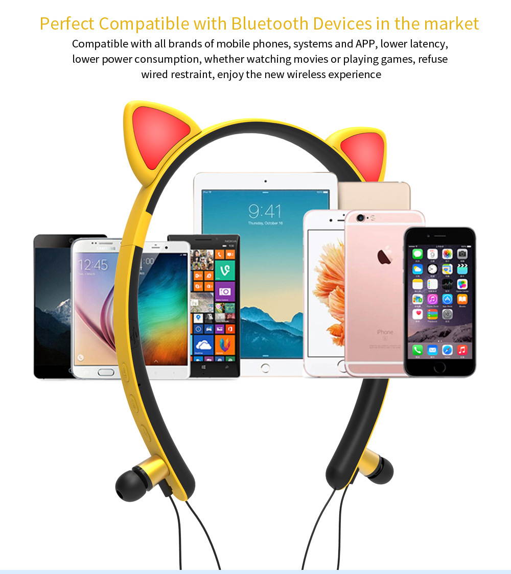 Bluetooth 5.0 Cat Ear Headphones On-Ear Stereo Wireless Headset and Volume Control Magnetic Earplug Stereo Sport Headset Headphones, Cosplay Cat Ears Gaming Headsets with Built in Mic (Pink)