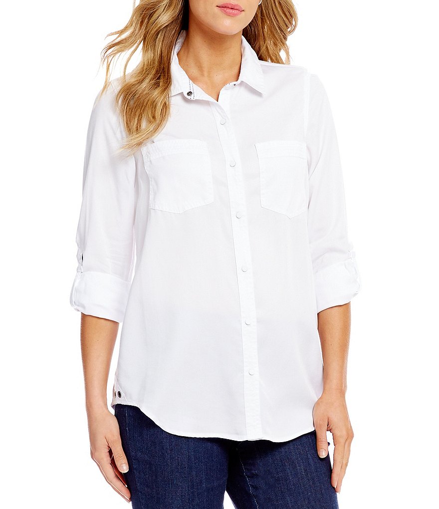 Intro Petite Size Roll-Tab Sleeve Button Front Slub Lyocell Shirt