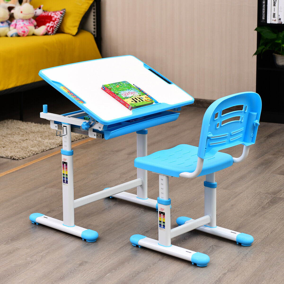 Height Adjustable Children&rsquo;s Desk Chair Set Multifunctional Study Drawing Blue