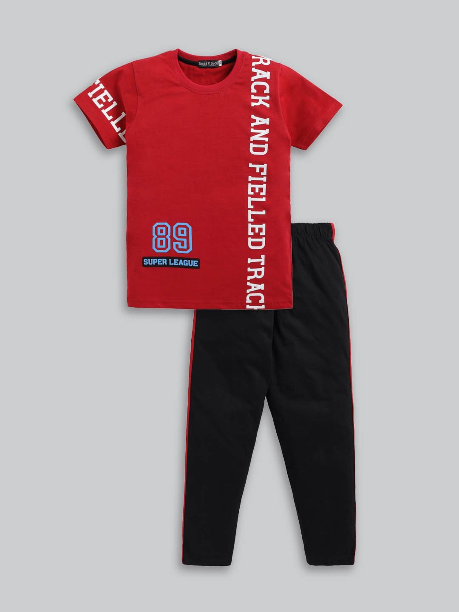 Todd N Teen Kids Red & Black Graphic Print T-Shirt with Trackpants