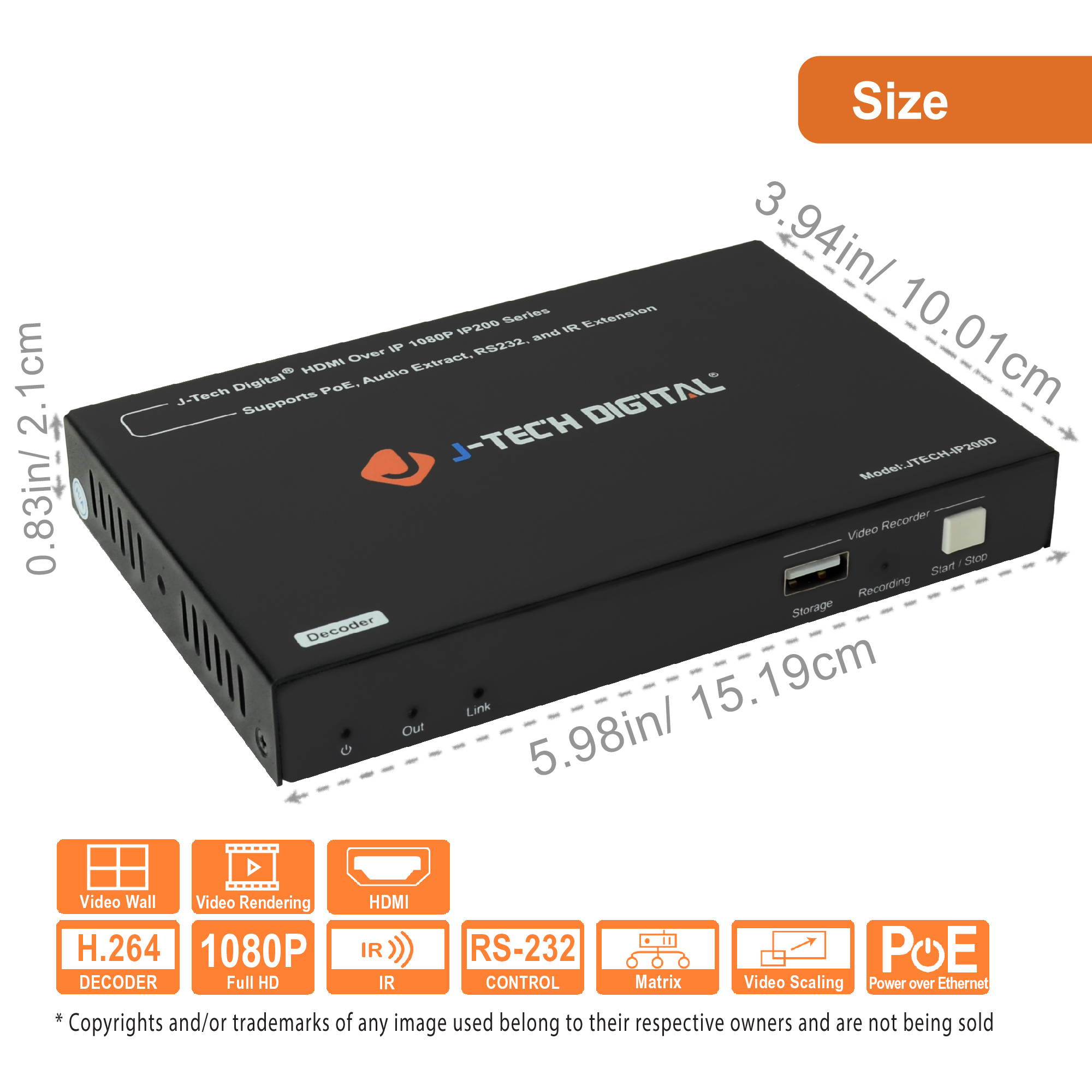J-Tech Digital HDMI H.264 Decoder | 1080P N2N AV Over IP Matrix + 5x5 Video Wall [JTECH-IP200D]