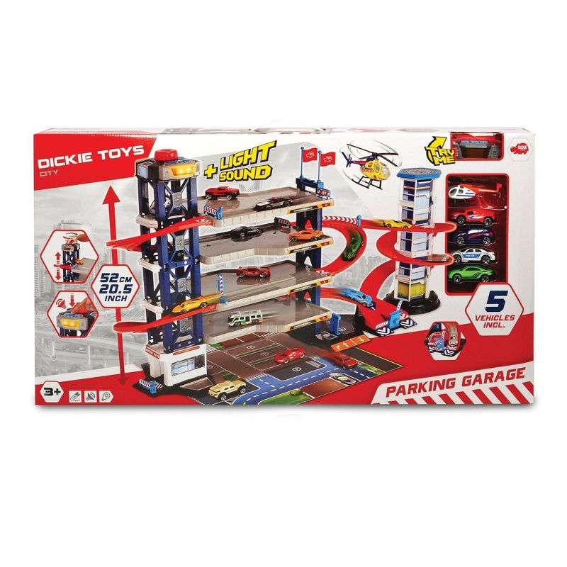 Dickie Toys Parking Garage Playset with 4 Diecast Cars and Diecast Helicopter