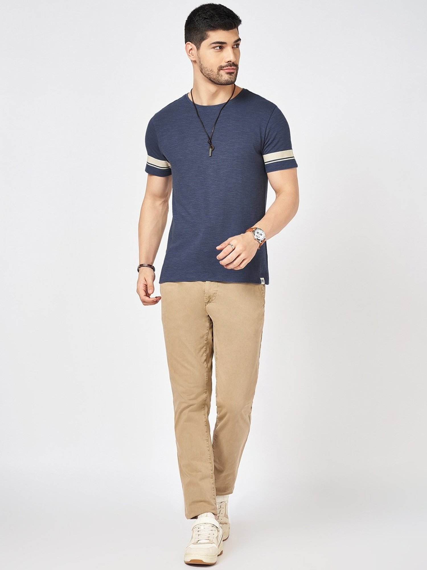 Urban Ranger By Pantaloons Blue Cotton Slim Fit Texture T-Shirt