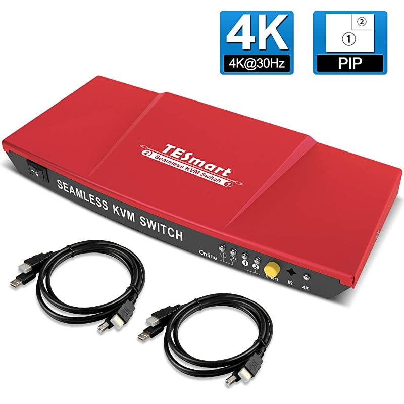 HDMI KVM Switch KVM Switch Box 4k30Hz with IR Remote 2 in 1 Out Supports USB 20 Hub and PIP for Present