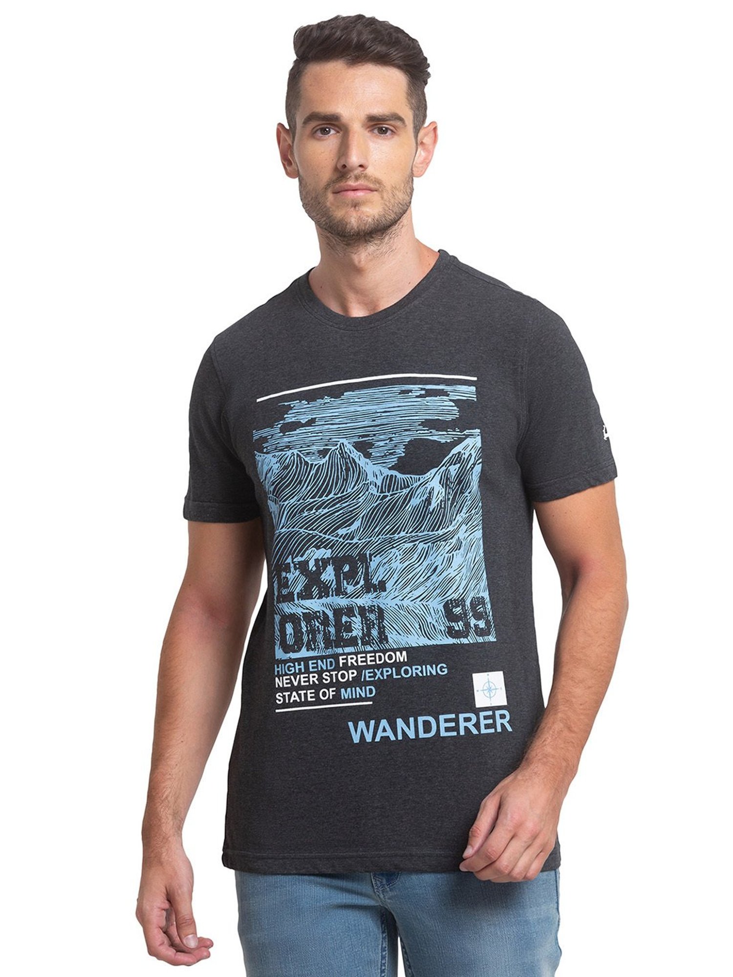 Parx Dark Grey Regular Fit Printed Crew T-Shirt