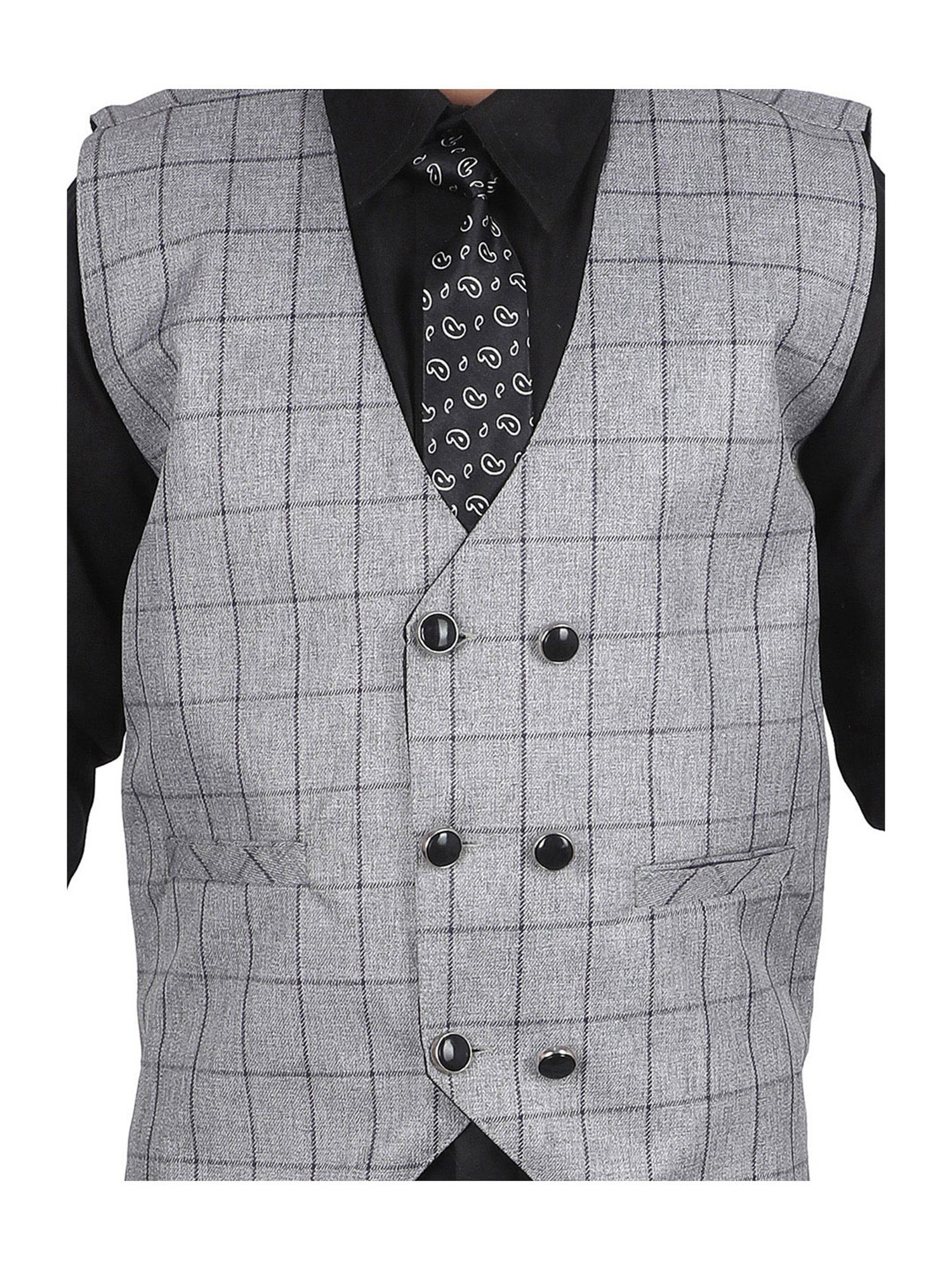 Pro-Ethic Style Developer Kids Grey & Black Checks Full Sleeves Shirt, Waistcoat, Pants with Tie