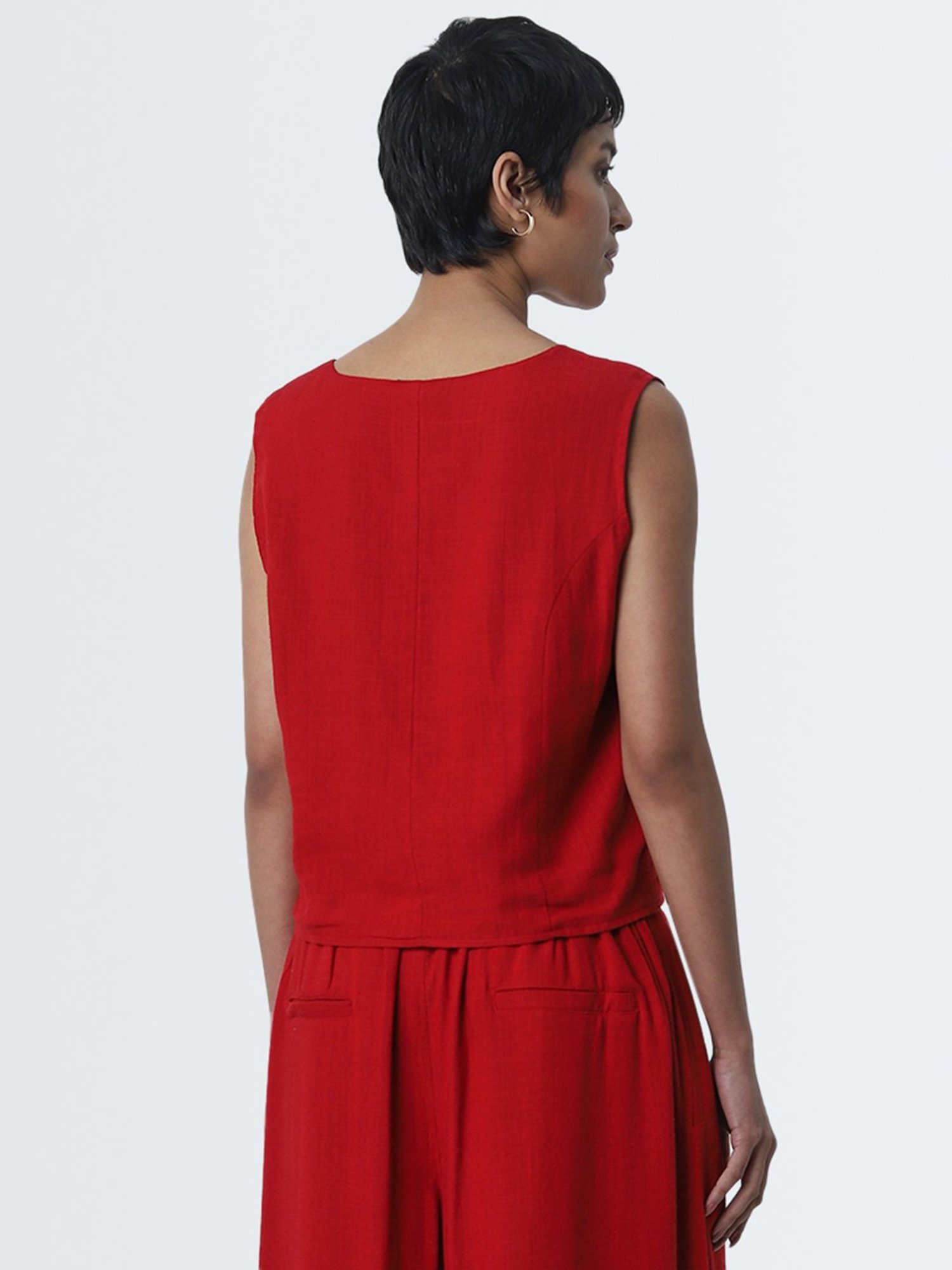 LOV by Westside Red Waistcoat-Style Blended Linen Top