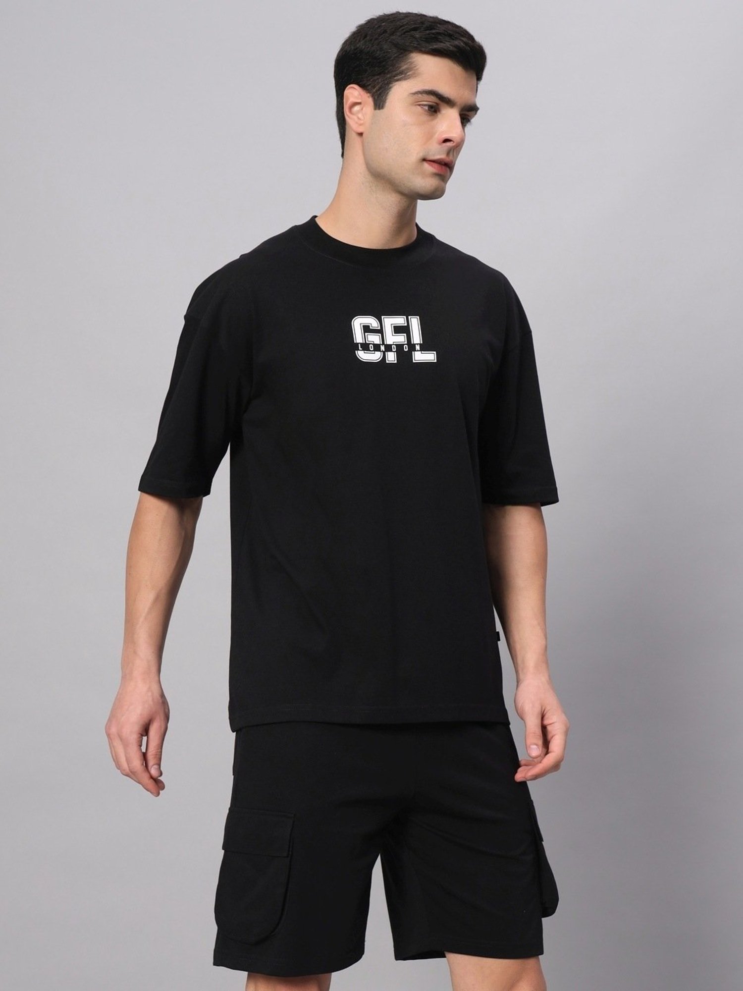Griffel Black Cotton Loose Fit Logo Printed Co-Ord Set