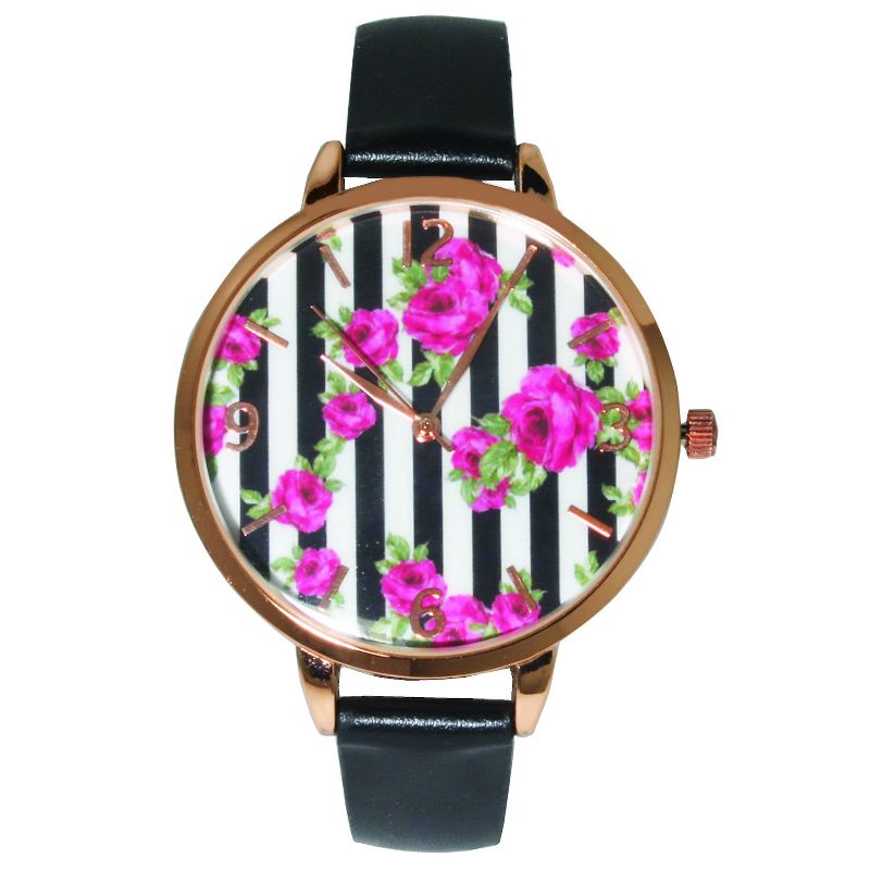 Olivia Pratt Leather Rose Face Strap Fashion Watch - Black