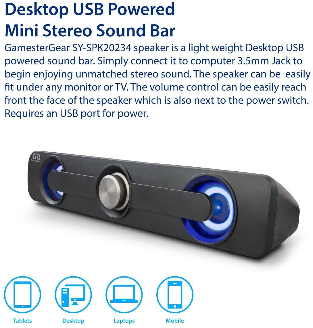 GamesterGear Desktop Compact USB Powered Wired Multimedia Mini Stereo Sound Bar 3.5mm Audio Jack Blue LED 2.5 Watts SY-SPK20234