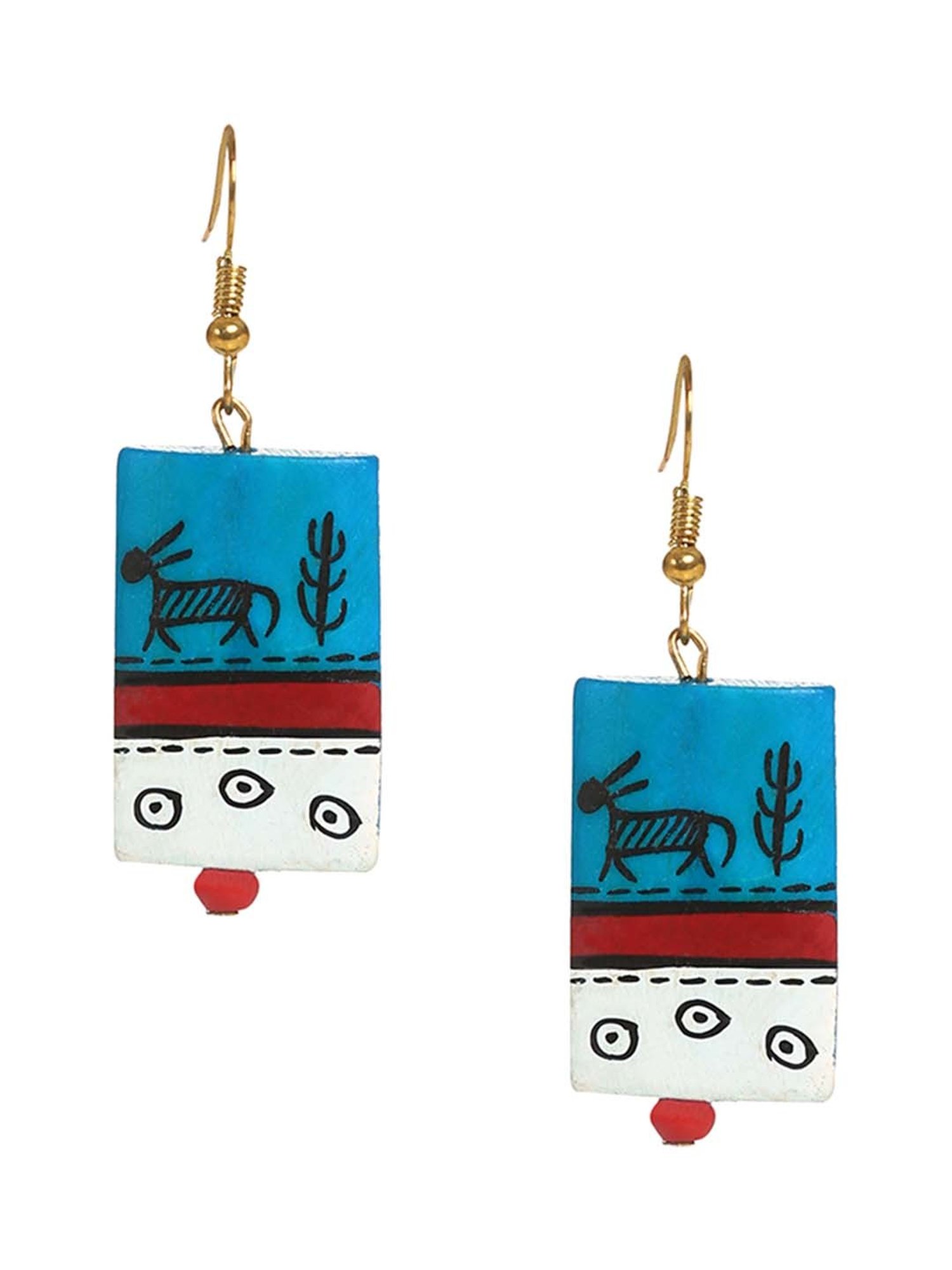 ExclusiveLane 'Tribal Warli Rectangles' Teal Blue & Red Resin Earrings in Warli Art