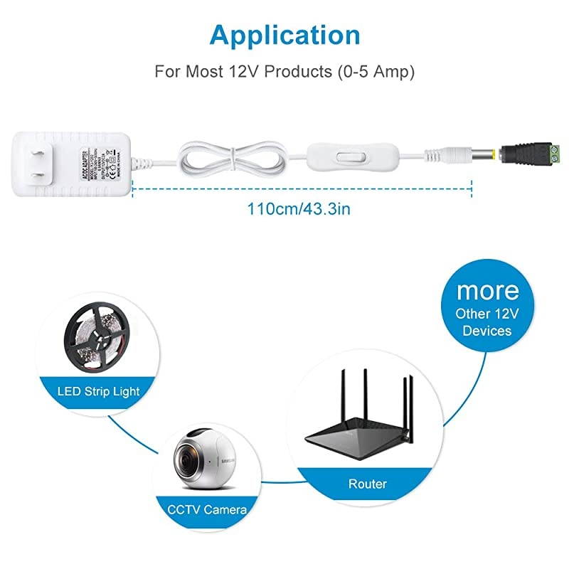 2A 24W LED Strip Power Supply with On and Off Switch, AC/DC Switching Power Adapter, 100-240V to Wall Wart Transformer for LED Strip Light 5.5/2.1 DC Female Barrel Connector to Screw Adapter