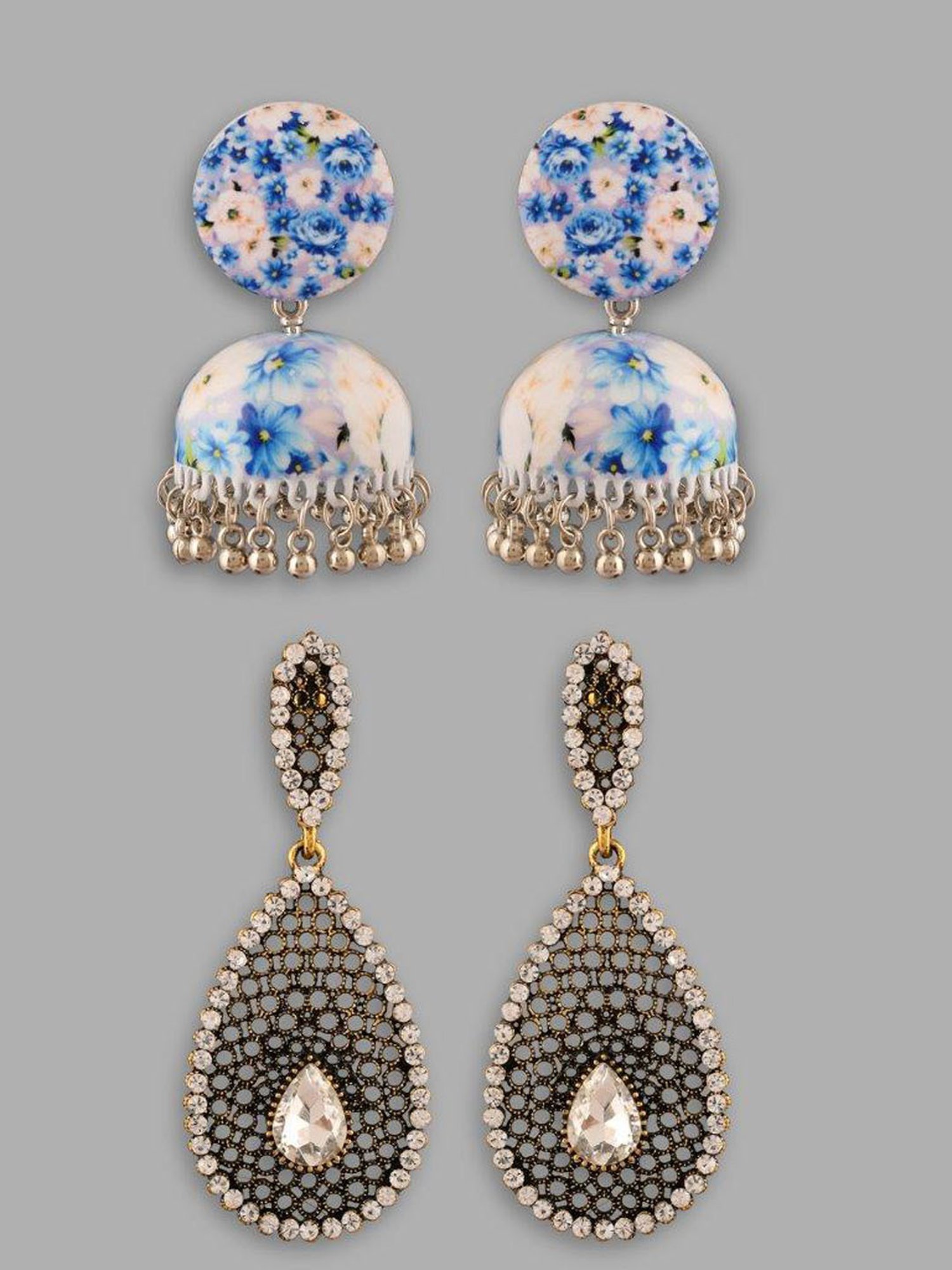 VOJ Set of 2 Earrings- Blue Printed Jhumka with Black AD Studded Drop Earrings for Women
