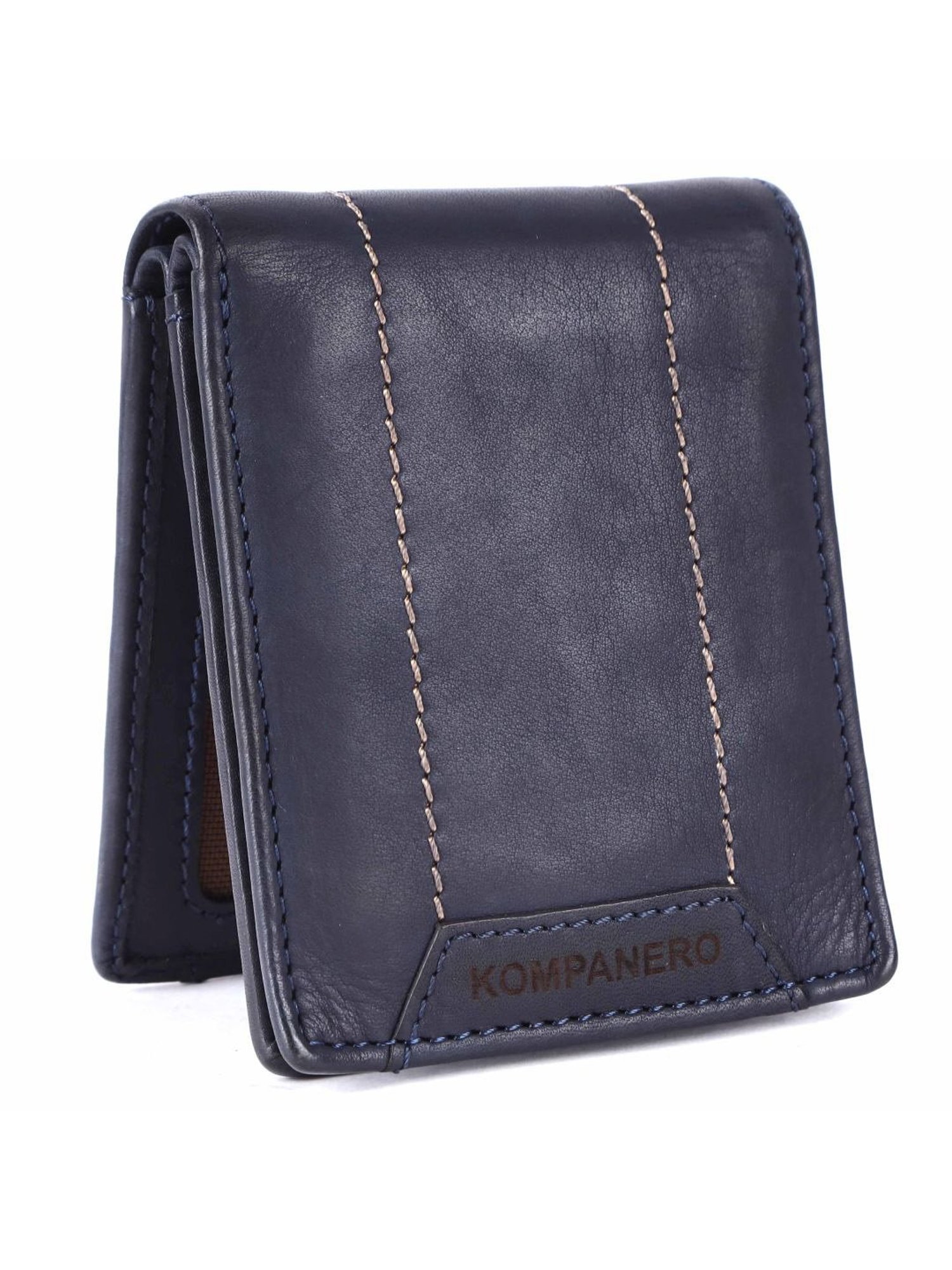 KOMPANERO Leo Blue Leather Textured Bi-Fold Wallet
