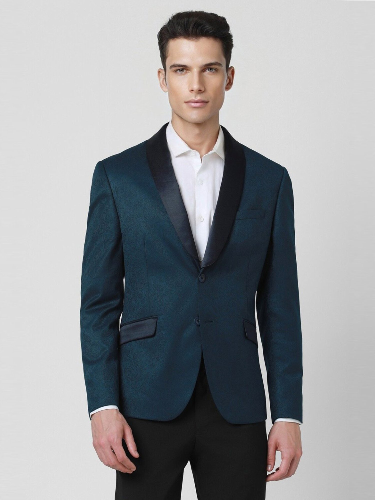 Van Heusen Blue Cotton Skinny Fit Printed Blazer