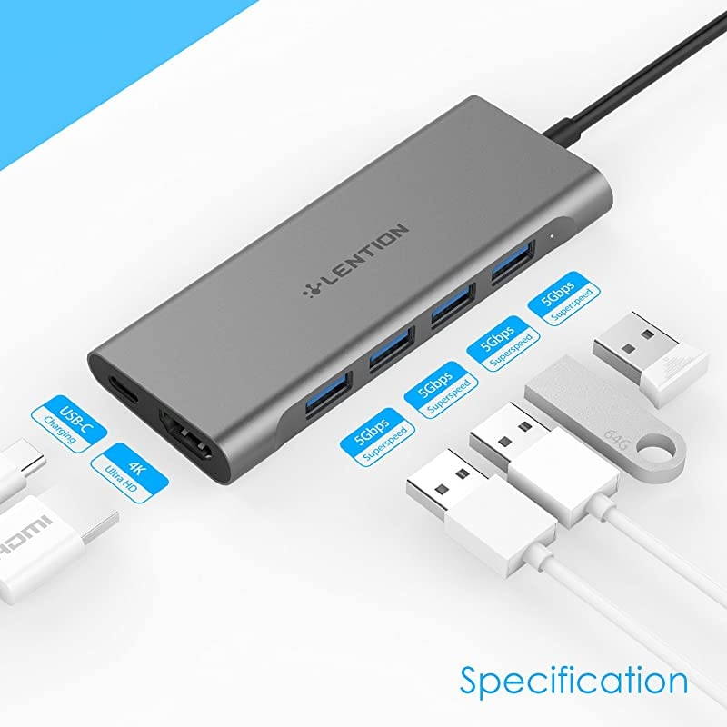 USBC MultiPort Hub with 4K HDMI Output 4 USB 30 Type C Charging Adapter Compatible 20202016 MacBook Pro 131516 New Mac Air Surface Chromebook More CBC35 Space Gray