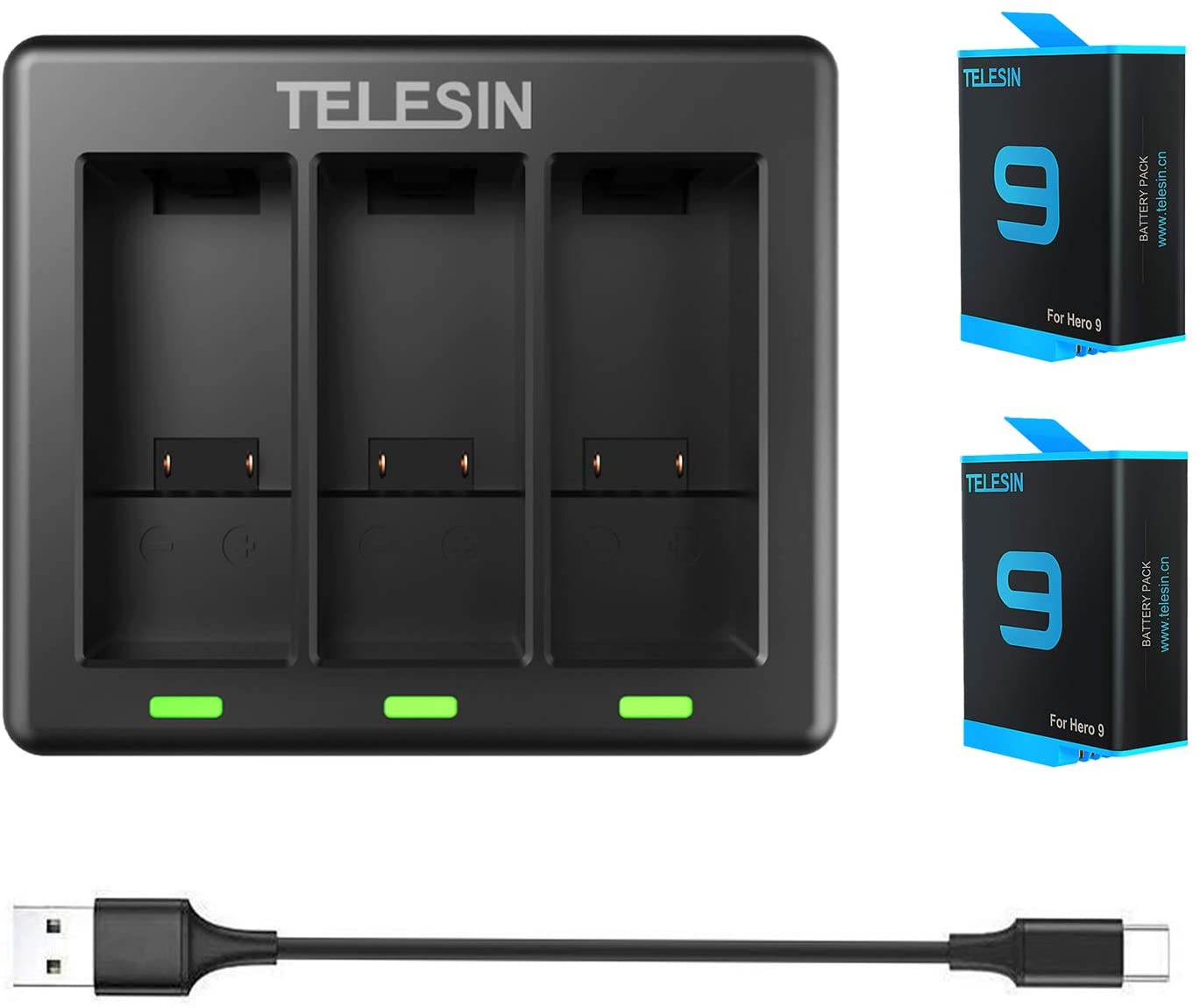 TELESIN 2-Pack Replacement Batteries (1750mAh) and 3-Channel USB Quick Charger with Type-C Cord for GoPro Hero 9 Black, Fully Compatible with Go Pro 9 Original Charger and Battery