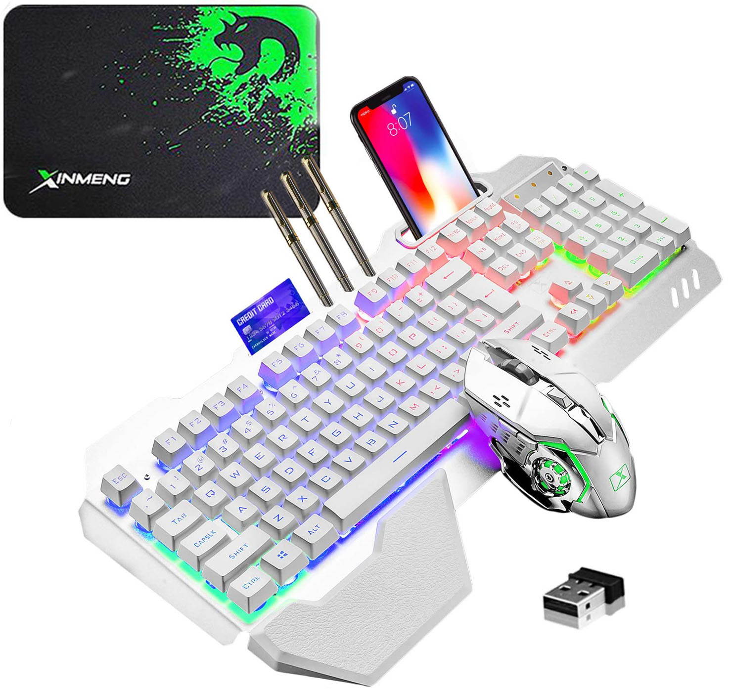 CUUWE Wireless Gaming Keyboard and Mouse,RGB Backlit Rechargeable Keyboard with 5000mAh Battery Metal Panel,Removable Hand Rest Mechanical Feel Keyboard and 7 Color Gaming Mute Mouse for PC Gamers