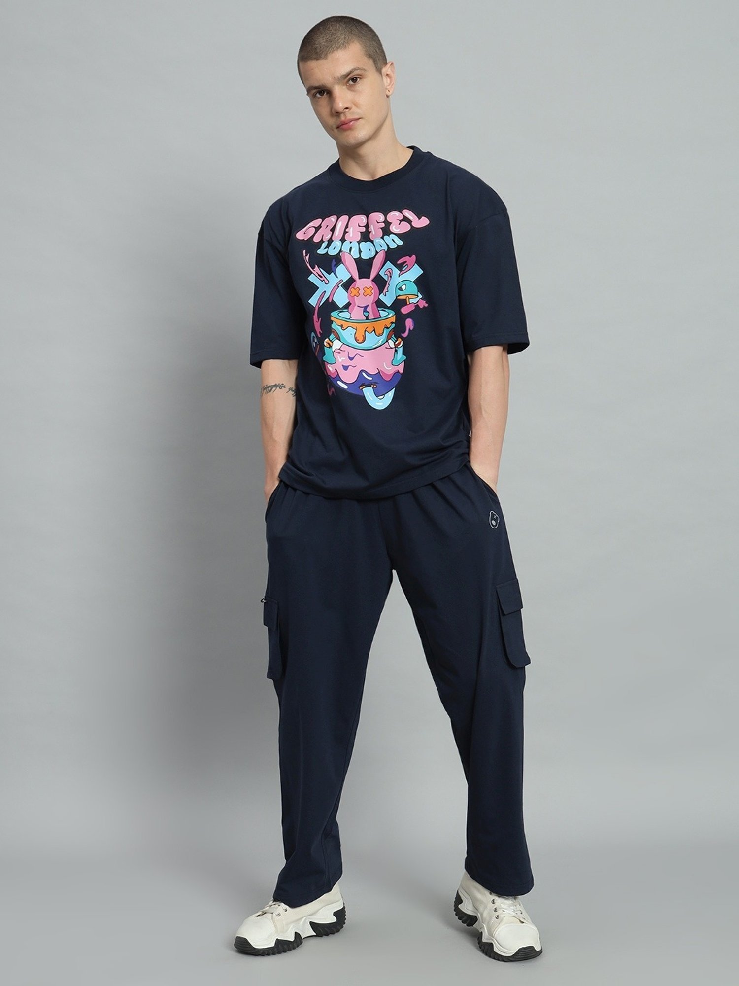 Griffel Navy Blue Cotton Loose Fit Printed Co-Ord Set