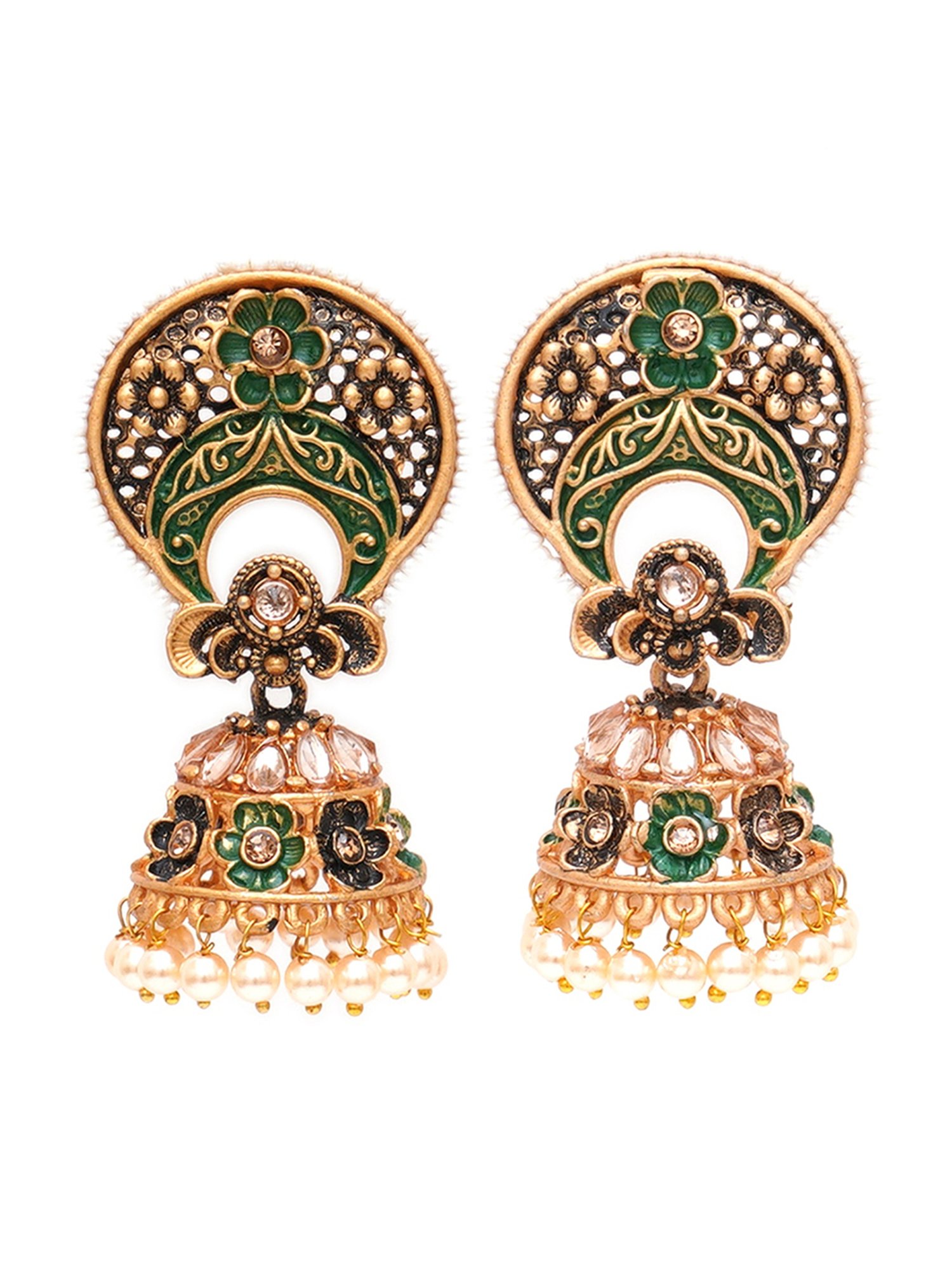 Karatcart Antique Gold-Plated White Beaded Green Floral Jhumki Earrings for Women